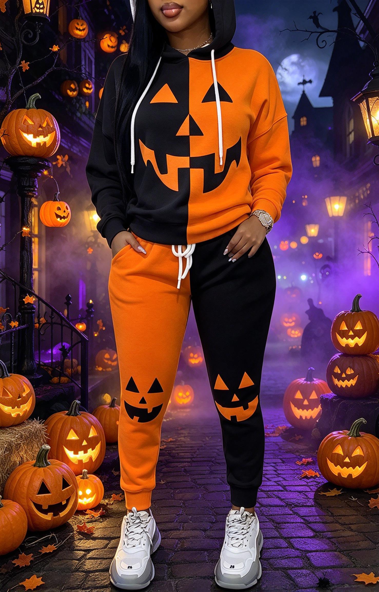 Joggers Pants - Women Halloween Color Block Hooded Tracksuit,